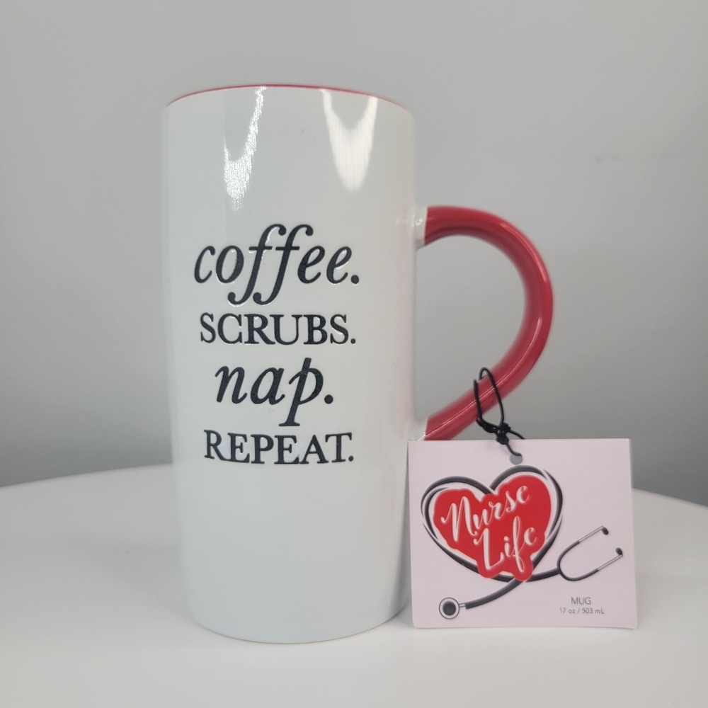 "Coffee. Scrubs. Nap. Repeat." Tall Mug - Red and White - New With Tags